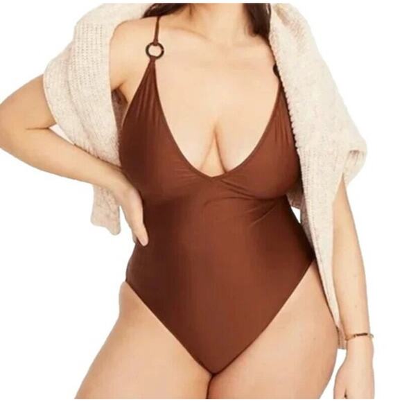 J.Crew O-Ring V-Neck One-Piece Swimsuit Women's 10 Brown Cheeky - Picture 1 of 9